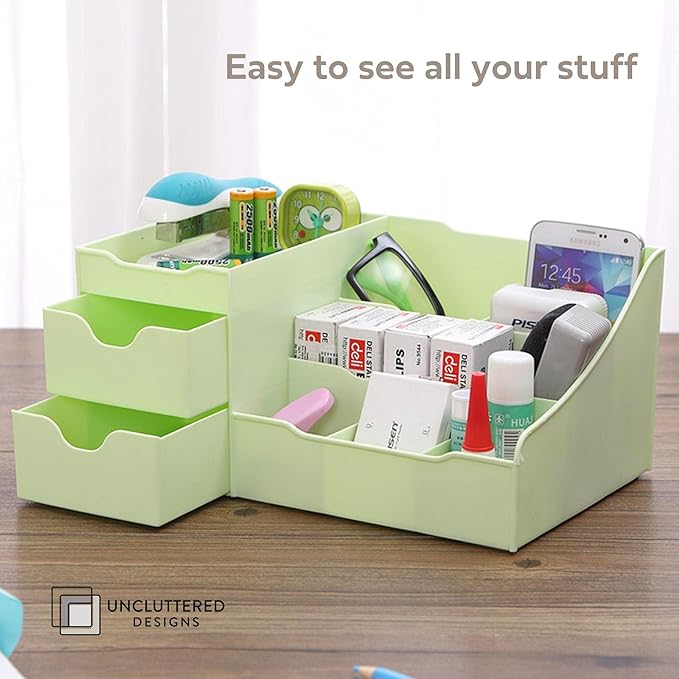 Uncluttered Designs Makeup Organizer With Drawers - Modern Countertop Storage for Cosmetics - Chic Vanity Holder for Perfume, Skincare, Brush, Lipstick, Nail Polish Organization & Display (Green)