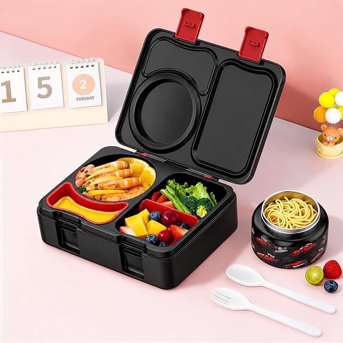Kids Insulated Lunch Box with 8OZ Thermo Food Jar | Leakproof Bento Box with Ice Pack Sauce Cup Utensils Removable Tray & Dividers for School Daycare Travel, Racing Cars