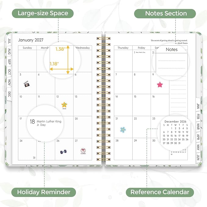 KONVINIT Academic Planner 2026-2027, Green Monthly Planner 2027, 12 Months Daily Planner 2026 with Tabs for Student Teacher, A5 (6.1" x 8.5") Weekly Planner 2026-2027 for Home, Office, School Supplies