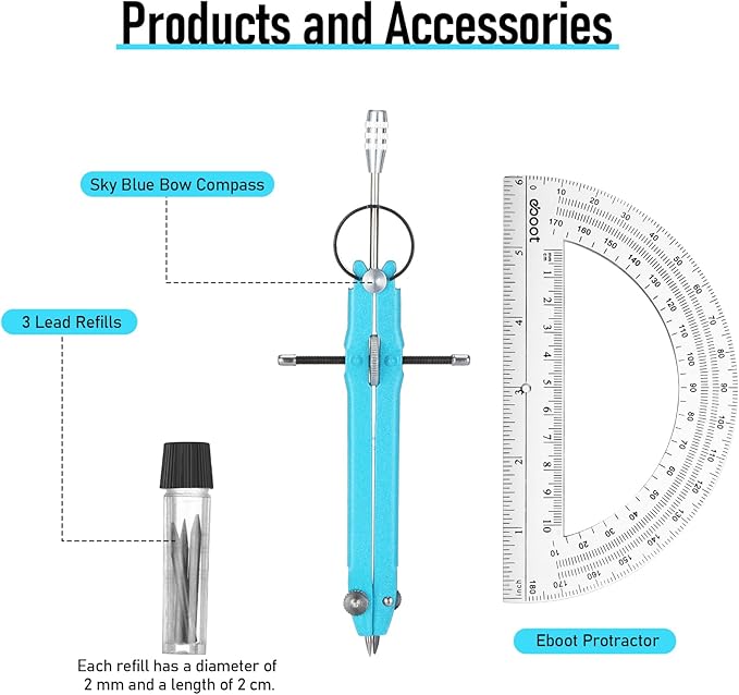 EBOOT Student Geometry Math Set, Metal Drawing Compass and 6 Inch Clear Swing Arm Protractors 180 Degree Math Protractor(Sky Blue)