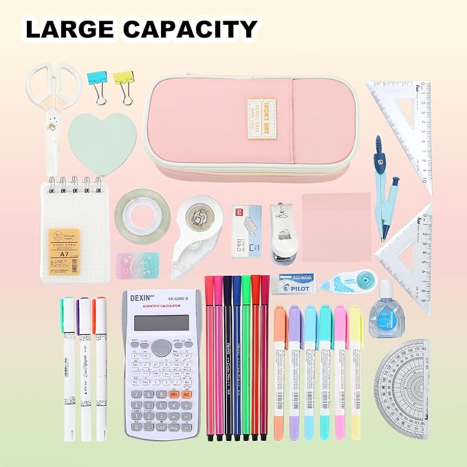 Large Pencil Bag for Girls Teens Kids School Pencil Case Organizer Pink | Zipper Pencil Pouch Big Cute Stationery Aesthetic Pencil Box for School Office, Wear-resistant Fabric, Large Capacity Design