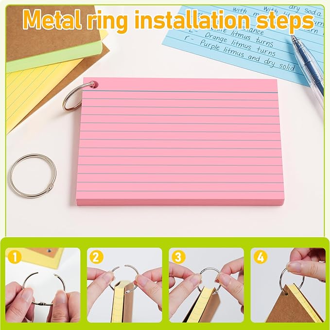 4x6 Inches Index Cards, 250PCS Colored Flash Cards with Ring, Lined on Both Side Notecards Ruled Study Card Flashcards Heavy Note Cards for Studying, Learning, School, College