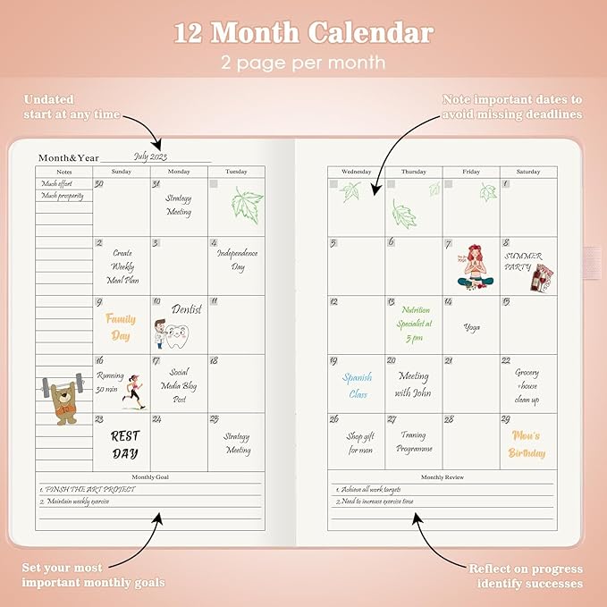 Undated Daily Planner 2024-2025, ADHD & Work Planner for Women & Men, Hourly Goal Setting, Hardcover, Start Anytime, A5, Pink
