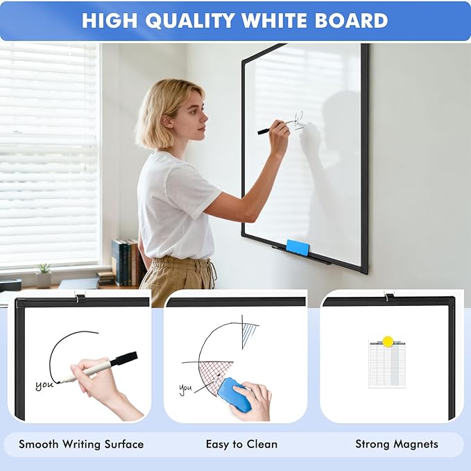 Double-Sided White Board Black Aluminium Frame, 36" x 24" Dry Erase Board Magnetic Whiteboard for Wall, Hanging Mounted Whiteboard Home, School, Office, Kitchen