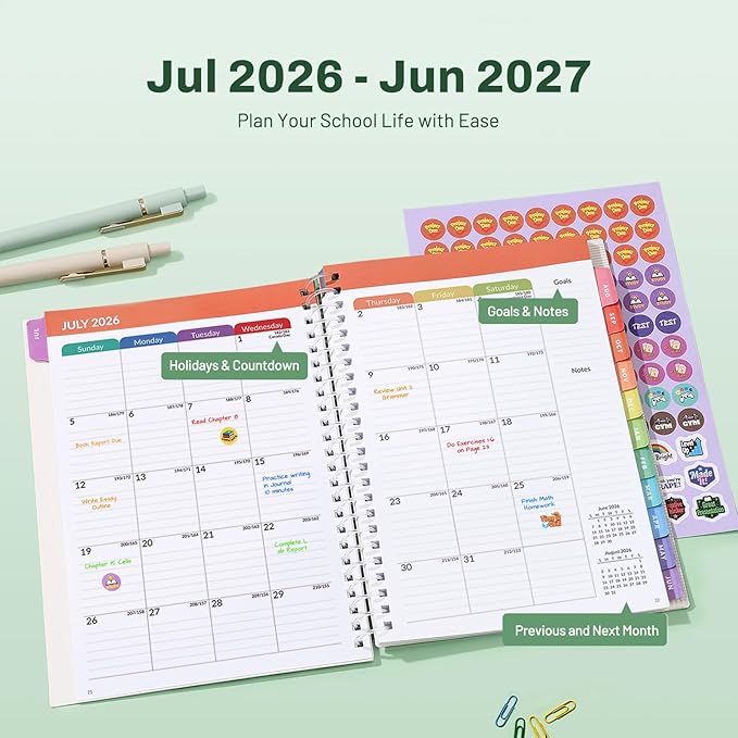 Student Planner 2026-2027, SUNEE Middle or High School Datebooks Student Planner for Academic Year Jul. 2026 - Jun. 2027, 6.5" x 8.3" Lesson Plan Book with Bookmark, Planning Stickers, Green Waves