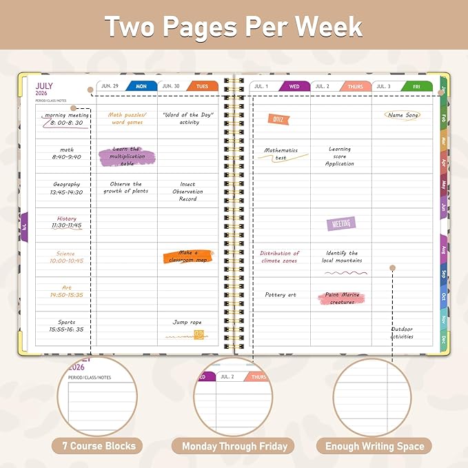 Teacher Planner 2026-2027, Jul 2026-Jun 2027 Academic Year, 8.5" x 11" Lesson Planner Book for Teacher Calendar, Spiral Bound Planners, Colorful Monthly Tabs, Planning Stickers, Leopard