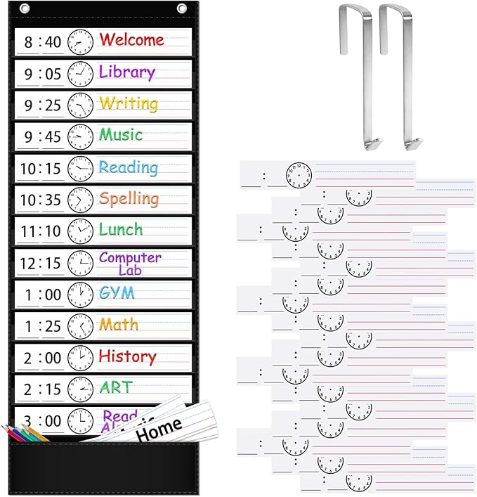 ZKOO Daily Schedule Pocket Chart, School Smart Pocket Chart with 18 Blank Double-Sided Reusable Cards, Teaching Scheduling Pocket Charts for Classroom 13+1 Pocket (Black)