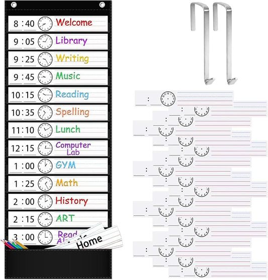 ZKOO Daily Schedule Pocket Chart, School Smart Pocket Chart with 18 Blank Double-Sided Reusable Cards, Teaching Scheduling Pocket Charts for Classroom 13+1 Pocket (Black)