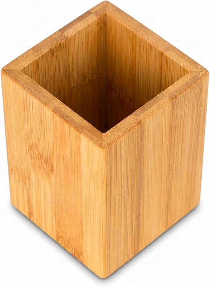 Eco-Friendly Bamboo Pen Holder | Minimalist Wooden Pencil Cup | Natural Desk Organizer Box for Office, School, or Vanity | Sustainable Square Storage Container | Unpainted Finish