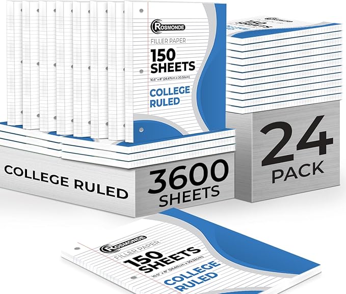 Rosmonde Bulk Loose Leaf Paper, 3600 Sheets, College Ruled, Bulk Filler Paper for Office, 8 x 10.5", 3 Hole Punched, 3 Hole Punched, 24 Pack, 150 Sheets/Pack, Bulk Notebook Sheet for School