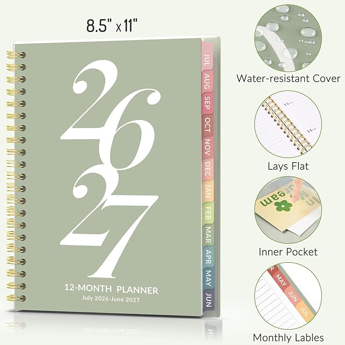 Forvencer Planner 2026-2027, July 2026 - June 2027, 8.5" x 11" Academic Year Monthly and Weekly Calendar Planner with Spiral Bound, Month Tabs, Flexible Cover for School Office (A4, Blue)