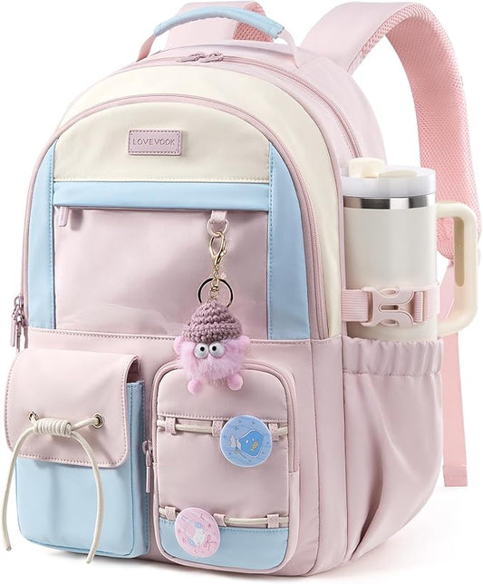 LOVEVOOK School Backpack for Girls Ages 8-16，Cute Student Bookbag for Teen Girls Kids Back to School with Cup Holder, DIY Ita Bag Fit 15.6 Inch Laptop for Elementary & Middle School