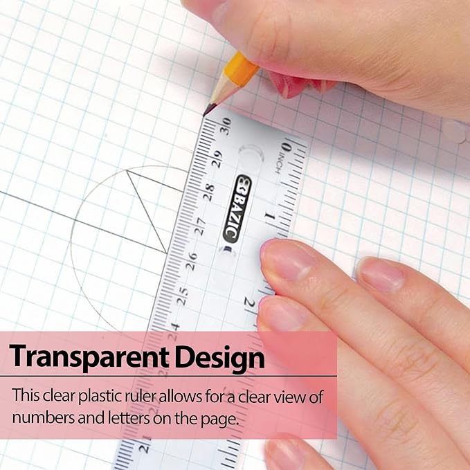 BAZIC Products Plastic Clear Rulers 12 inch (30cm), Inches Centimeter Metric Ruler Measuring Long Ruler, Straight Edge Ruler for Students School Supplies, 1-Pack