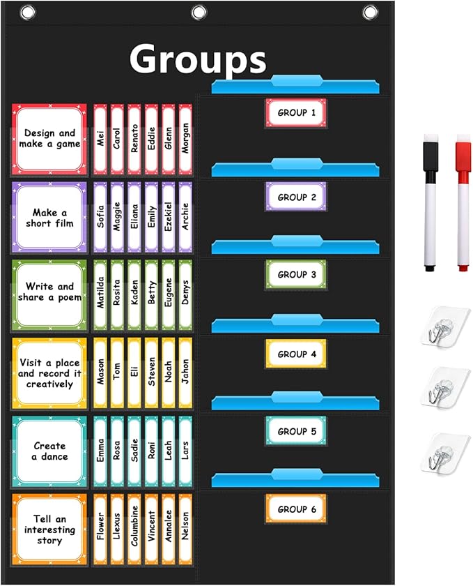 REGELETO Small Group Management Pocket Chart with 96 Cards Classroom Jobs Chart Small Group Organizer and on Task for School Teacher Homeschool Learning Supplies (Black)