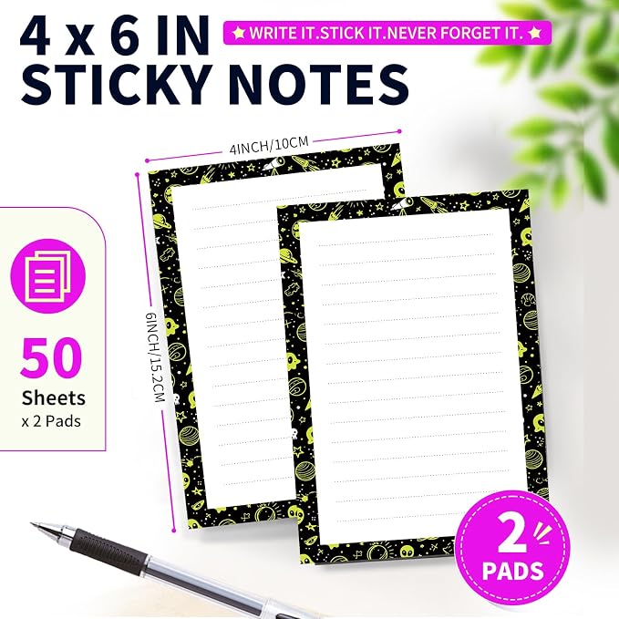 Lined Sticky Notes 4x6 in, 2 Pack Large Cute Notepads with Lines Self-Stick Note Pad, Funny Memo Pads Strong Adhesive for Office, Home Black Green Aliens
