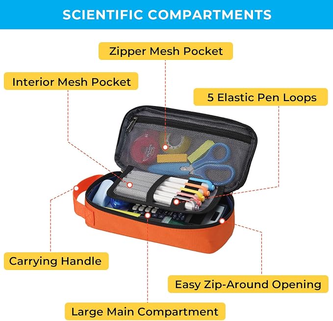 ECHSRT Large Capacity Pencil Case with Hidden Pocket, 1200D Oxford Fabric Zipper Pencil Pouch with Handle, Multi-Pocket Stationery Organizer for Office, College, Travel and Daily Carry, Orange