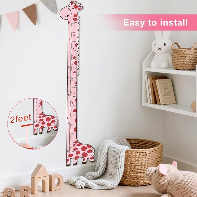 Wooden Growth Chart for Kids,Giraffe Height Chart for Boy Girls,Measuring Board for Kids Height,for Child's Room,Nursery Decor Decoration Wall Art (Pink Giraffe)