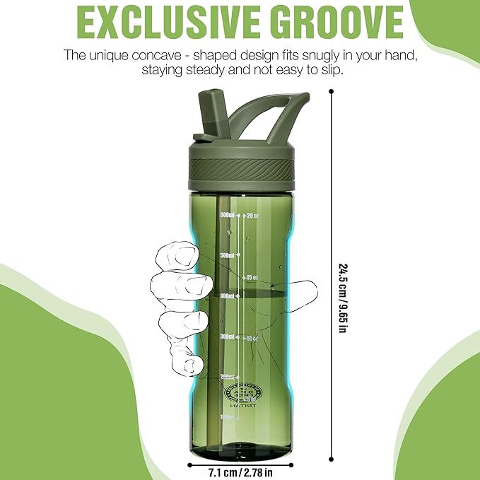OLDLEY 20oz Kids Water Bottle with Straw, BPA-Free Tritan Water Bottle for School, Leakproof Clear Water Bottle with One Click Open, Measurement Scale, Cup Holder Friendly for Boys Girls,Army Green