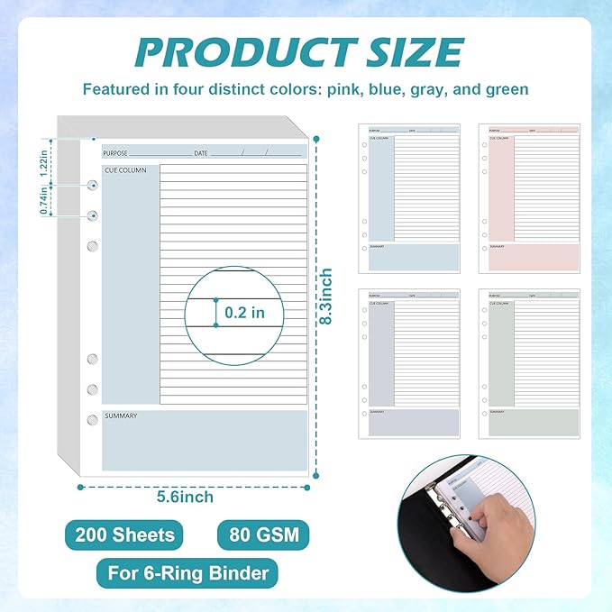 200 Sheet Cornell Notes Refill Paper A5 Planner Inserts for 6 Ring Binder 0.2" Spacing A5 Loose Leaf Cornell Notebook Refills Taking System Filler Paper Bulk for School Office Business 80gsm