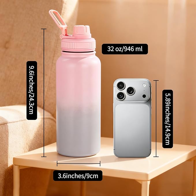 Gulex Water Bottle 32oz - Leakproof & BPA Free Sports Water Bottle Carry Strap for Gym, Travel and Outdoor Sports (Stainless steel insulation-Pink)