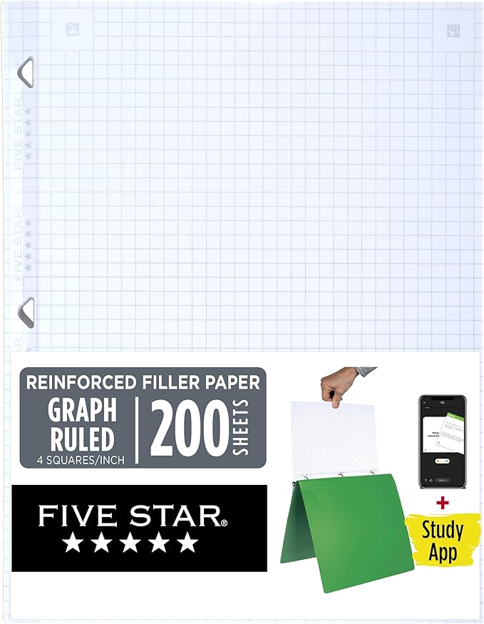 Five Star Loose Leaf Paper + Study App, Graph Ruled Filler Notebook Paper, Reinforced, Fights Ink Bleed, 8-1/2" x 11", 200 Sheets (170055-ECM)
