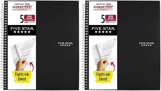 Five Star Spiral Notebook, 5 Subject, Wide Ruled Paper, Fights Ink Bleed, Water Resistant Cover, 8" x 10-1/2", 200 Sheets, Color Will Vary (05206) (Pack of 2)