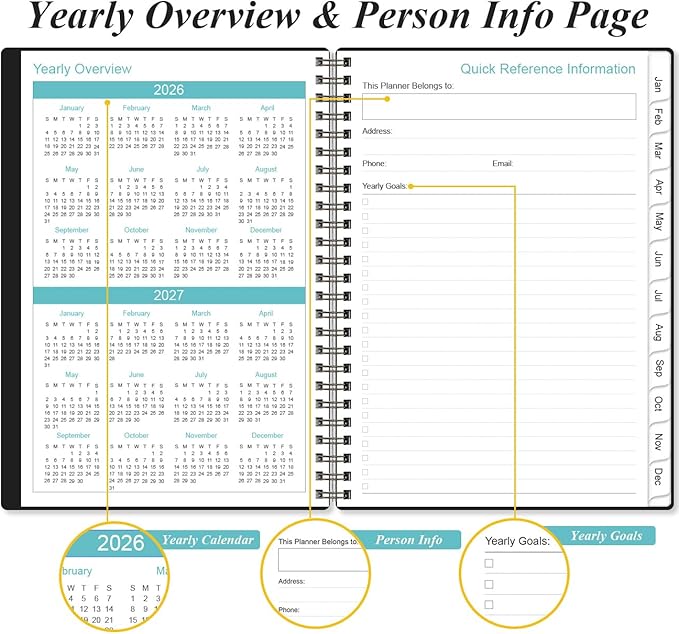 Planner 2026 - A5 Weekly & Monthly Planner Spiral Bound, January 2026 - December 2026, with Flexible Cover, Tabs, Inner Pocket, 6.4" x 8.5", Black