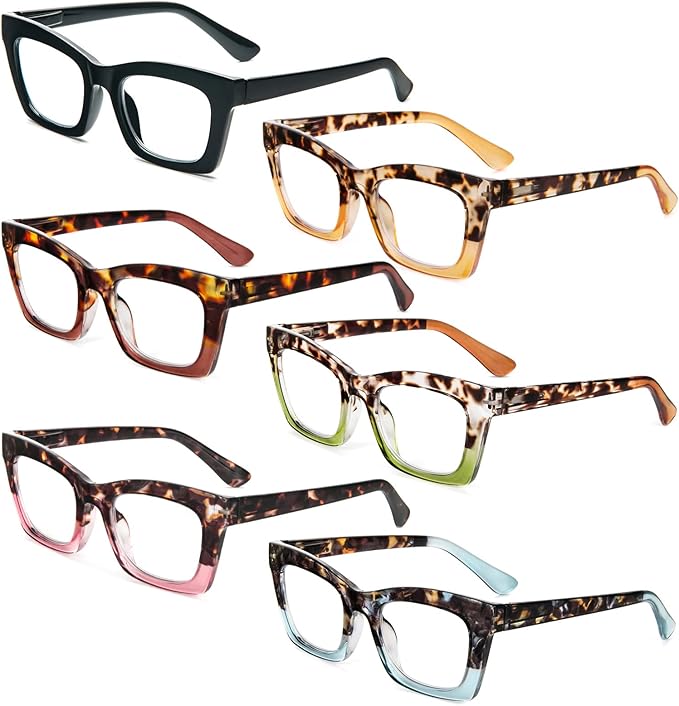 REAVEE 6 Pack Reading Glasses for Women Blue Light Blocking, Cute Square Computer Readers with Spring Hinge