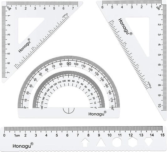 Honagu Triangular Ruler Set, 4 Pieces Aluminum Alloy Metal Drafting Ruler, Geometric Protractor for Students, Draftsmen, Engineers, Home School Office Supplies (15cm/5.9inches, Silver)