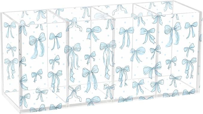 Aslsiy Doodle Bow Knots Blue Pen Holder Coquette 4 Compartments Acrylic Pencil Holder Clear Makeup Brush Holder Desk Organizer Office Supplies