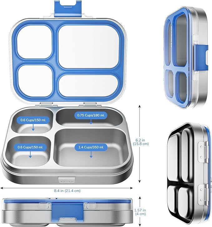 G.a HOMEFAVOR Stainless Steel Lunch Box - 4 Compartments Bento Box for Kids, Leakproof Food Container for School, Office, Dishwasher Safe, BPA-Free, 800 ml/27 oz, Dark Blue