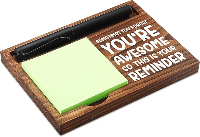 CINRLLA Sticky Note Holder Wooden Notepad & Pen Holder 6.5"" x 4.7"" Sticky Note Pad Holder Dispenser for Desk Work Motivational Gifts, NPA185, Brown