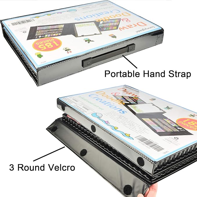 Sunnyglade 185 Pieces Double Sided Trifold Easel Art Set, Drawing Art Box with Oil Pastels, Crayons, Colored Pencils, Markers, Paint Brush, Watercolor Cakes, Sketch Pad