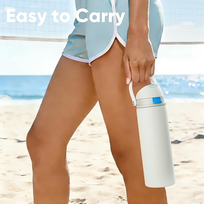Insulated Water Bottle with Straw - Encool Stainless Steel Water Bottle with Push Button Lid, Leak-Proof & BPA-Free, Keeps Cold for 24 Hours for Sports, Travel, Gym (24 oz, Kangaroo Grey)