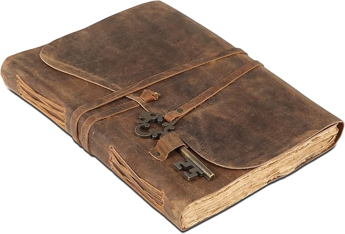 Leather Journal with Deckle Edge Paper 8x6 inch and Vintage Key | Handmade Writing Notebook Diary | Bound Daily Notepad for Men & Women Medium, Sketch/Writing pad for Artists