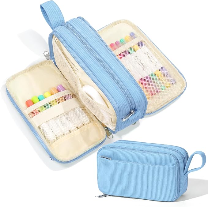 BuyCard Blue Large Capacity Corduroy Pencil Case, Casual Style, Zipper Pouch Organizer for Teen Girls, Boys, Women and Men