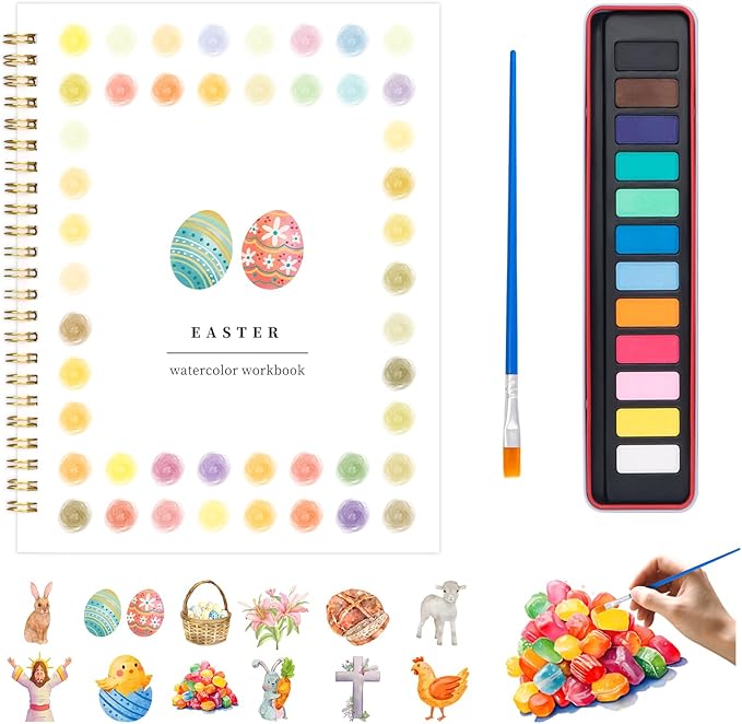 Metyond Easter Watercolor Workbook - Watercolor Coloring Book with 1 Workbook 12 Colors Paint Set with Brush, Beginner Friendly Watercolor Workbooks Set Easter Gift for Adults Teens
