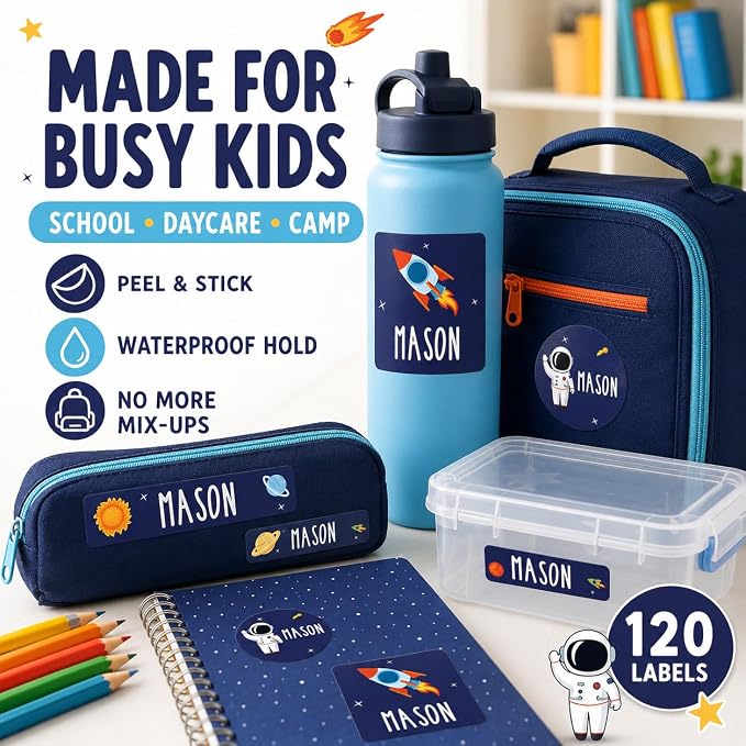 Andaz Press Custom Personalized Waterproof School Name Labels, Outer Space 120-Pack, Kids Labels Combo Pack Customizable Name Stickers Personalized School Supplies Camp Label Daycare Stickers