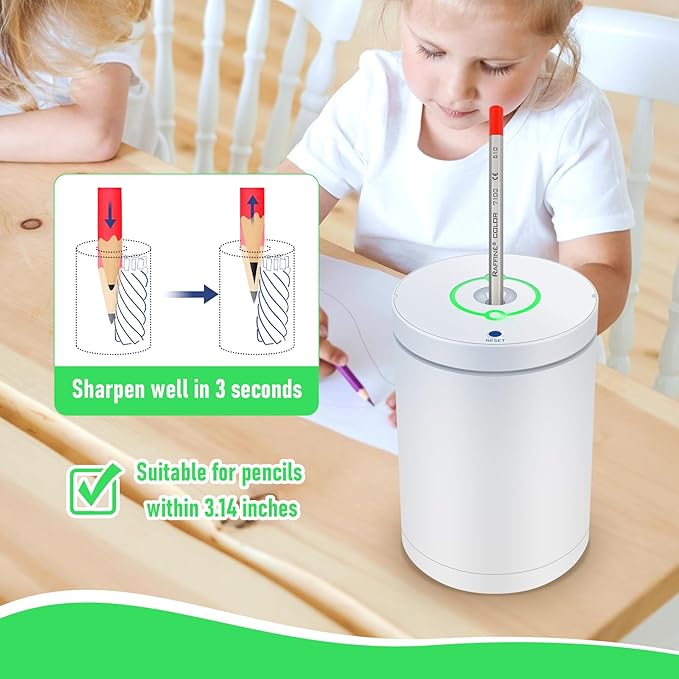 Fully Automatic Electric Pencil Sharpener,Rechargeable Smart Pencil Sharpener.Suitable for No. 2/Colored Pencils (6-8 mm),Applicable to School/Classroom/Office/Home(White)