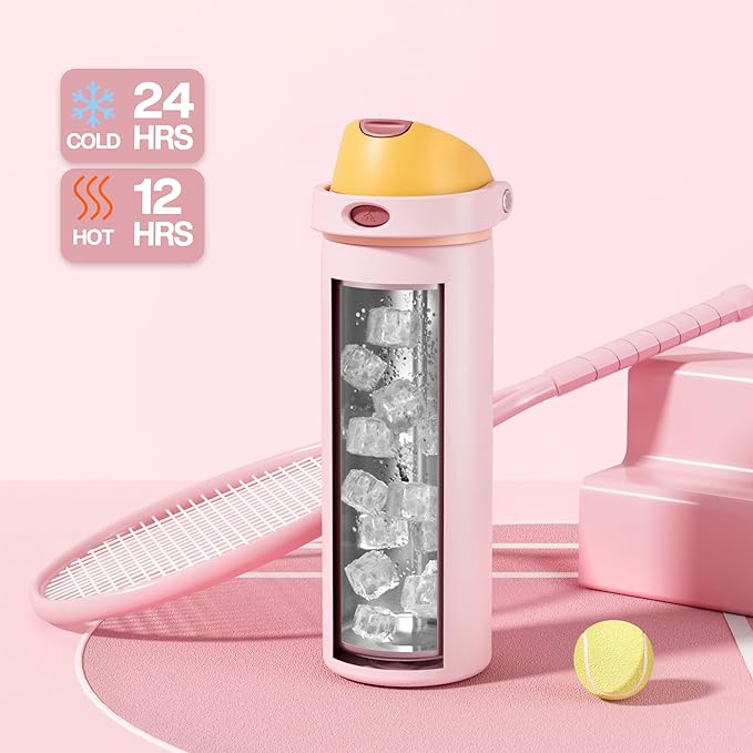 POWCAN 24 oz Insulated Water Bottle with Straw: 2-in-1 Push-Button Spout & Quick-Flip Straw, Leakproof, Cold 24Hrs, Fits Car Cup Holder, Stainless Sports Bottle for Gym, Travel Gift (Peach Store)