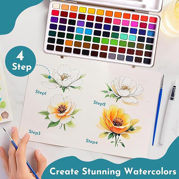 128 Colors Watercolor Paint Set, Including 84 Regular, 36 Metallic, and 8 Fluorescent Colors，Travel Watercolor Set with Brush and Drawing Pencil, Water Color Paint Sets for Adults Artists Beginners