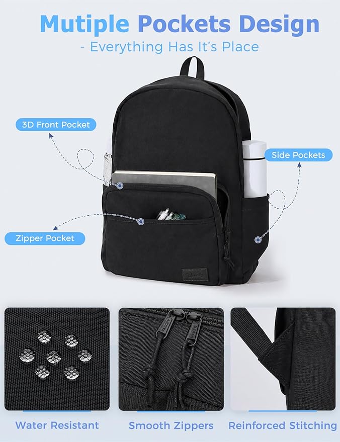 VASCHY School Backpacks, Lightweight Bookbag Schoolbag for Boys Girls Casual Basic Simple Daypack for Men Women Black