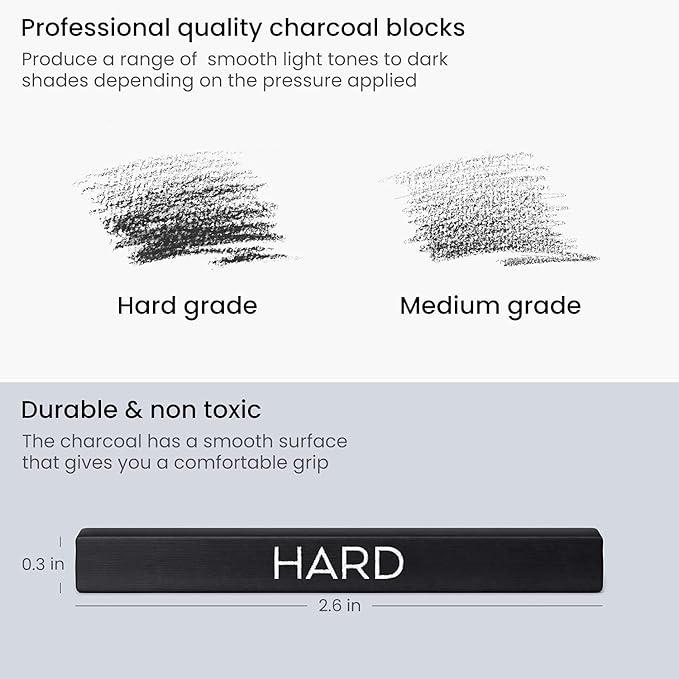 ARTEZA Compressed Charcoal Sticks Set of 16 – Medium and Hard Drawing Crayons for Sketching, Shading, Line Work in Charcoal Art and Figure Drawing