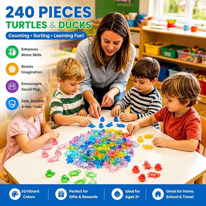 240PCS Translucent Counting Toys for Preschool, Turtle & Duck Sorting Manipulatives, Montessori Math Counters, Sensory Bin Fillers, Classroom Learning Toys for Toddlers with Storage Box