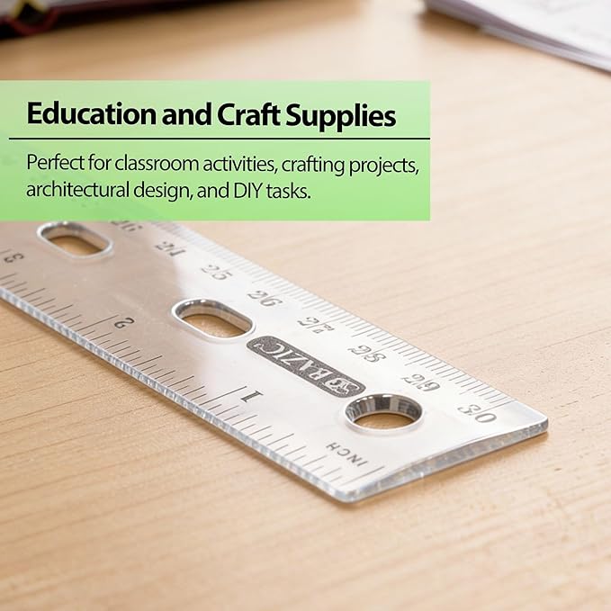 BAZIC Products Plastic Clear Rulers 12 inch (30cm), Inches Centimeter Metric Ruler Measuring Long Ruler, Straight Edge Ruler for Students School Supplies, 4-Pack