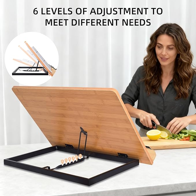 wishacc 24" Oversized Large MDF Wooden Book Stand & Holder for Reading Hands Free for Large Books in Bed,Cookbook,Textbook,Law,with 8 Adjustable Height Laptop Stand