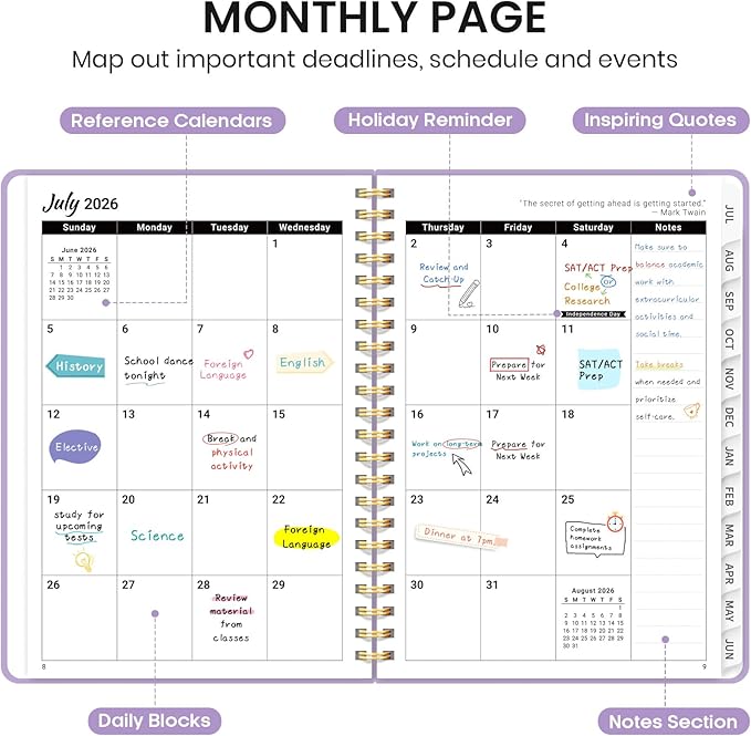 Planner 2026-2027 for Women & Men, Academic Monthly and Weekly Calendar Planner, Jul 2026 - Jun 2027, A5 (6.3" x 8.5"), Teacher Student Planning Book with Tabs, Ideal for Office School Supplies - Lilac Purple
