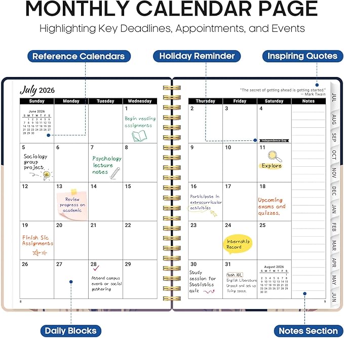 Planner 2026–2027, Academic Monthly Weekly Spiral Calendar, July 2026 – June 2027, Hardcover Agenda Notebook with Tabs, 6.3" x 8.5", Perfect for Students, Teachers, School & Daily Planning - Midnight Blooms
