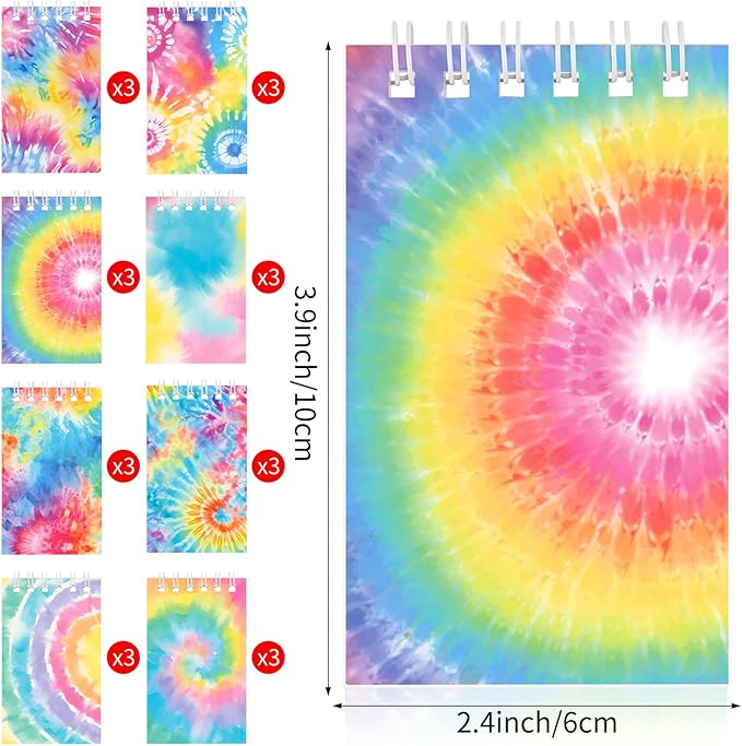 Hooqict 24 Pack Mini Tie Dye Notepads Multicolor Pocket Notebooks Small Spiral Notebook Mini Journal Pocket Notepad Memo Pads for Kids Girls Birthday Art Party Favors Classroom School Office Supplies, 3.9 x 2.4 Inch