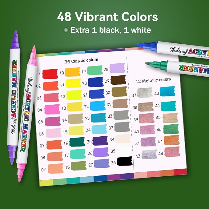 48 Colors Dual Tip Acrylic Paint Markers with Fine Tip and Brush Tip